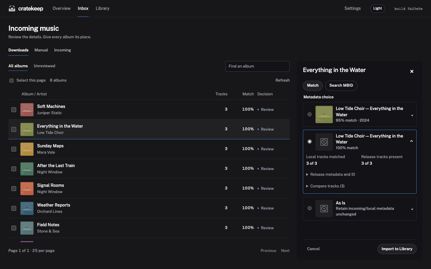The Inbox review panel comparing release matches and offering an As Is option