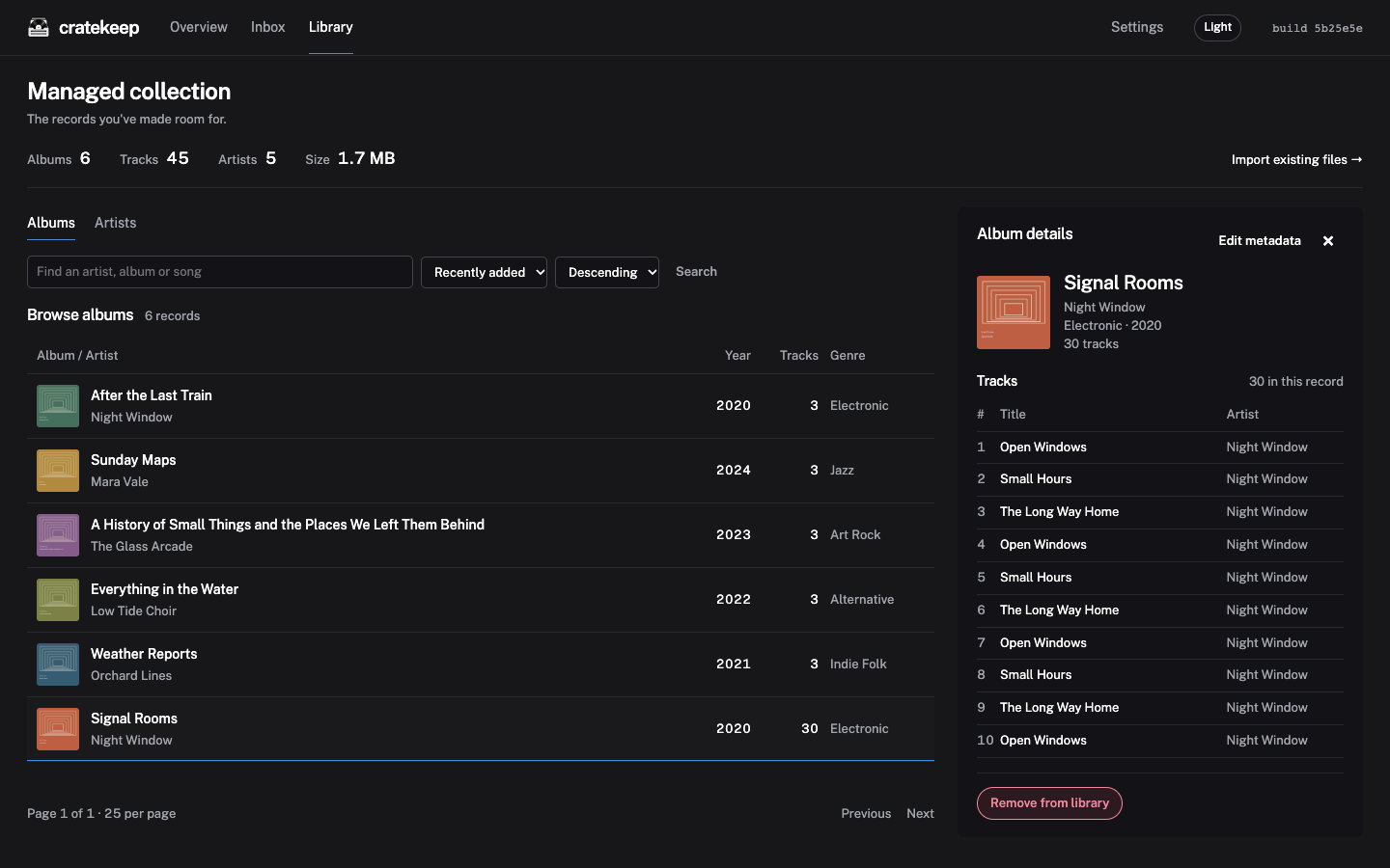 Cratekeep’s Library showing demo albums and the selected album’s track list
